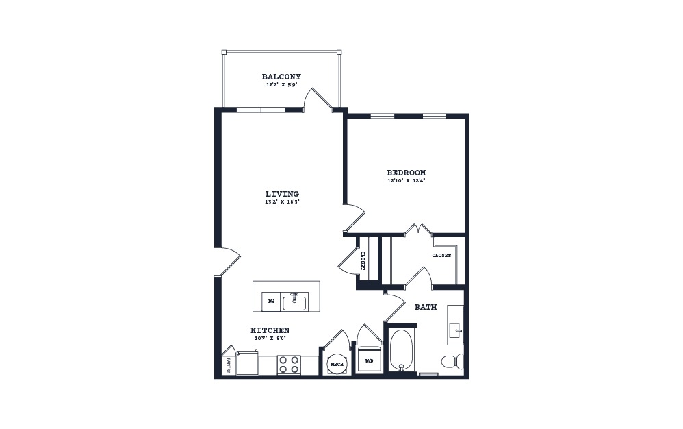 A1 - 1 bedroom floorplan layout with 1 bath and 802 square feet.