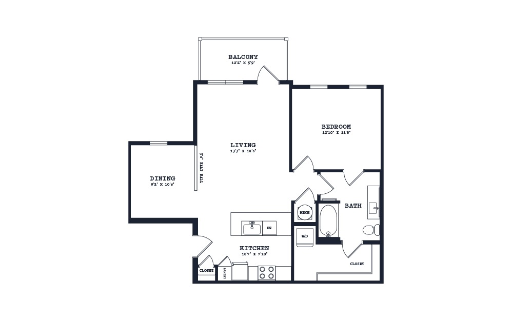 A2 - 1 bedroom floorplan layout with 1 bath and 913 square feet.