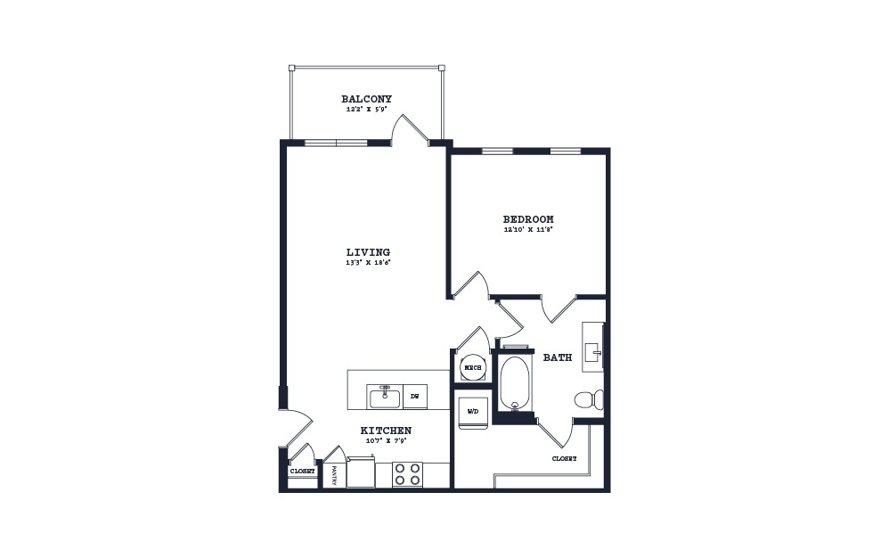A3 - 1 bedroom floorplan layout with 1 bath and 802 square feet.