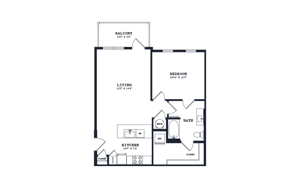 A3 - 1 bedroom floorplan layout with 1 bathroom and 802 square feet