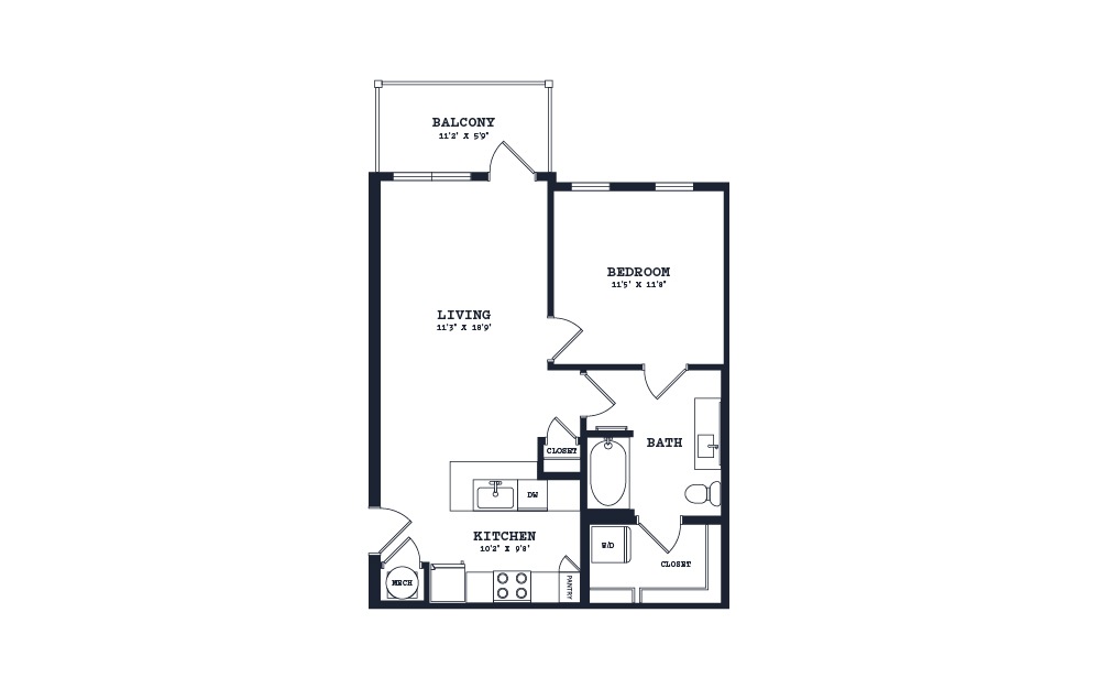 A6 - 1 bedroom floorplan layout with 1 bath and 705 square feet.