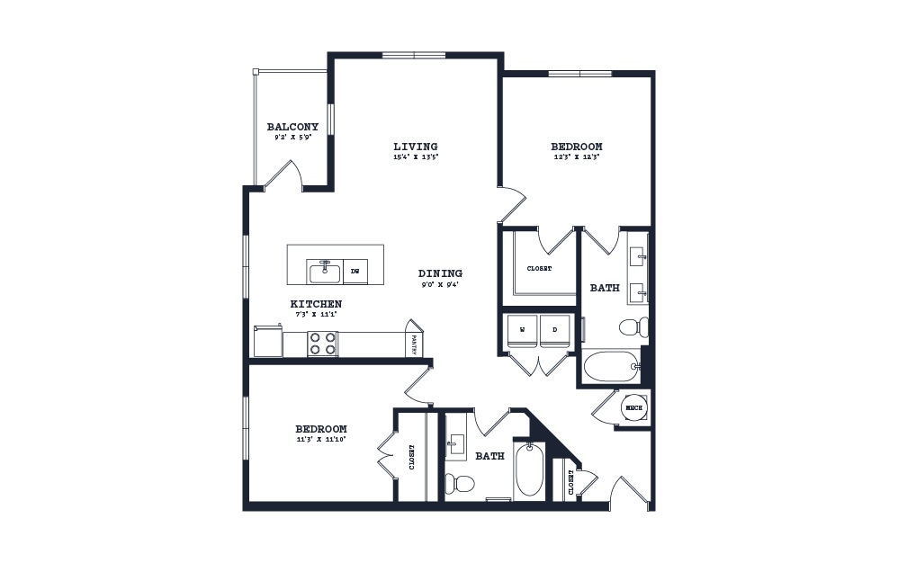 B1 - 2 bedroom floorplan layout with 2 baths and 1191 square feet.