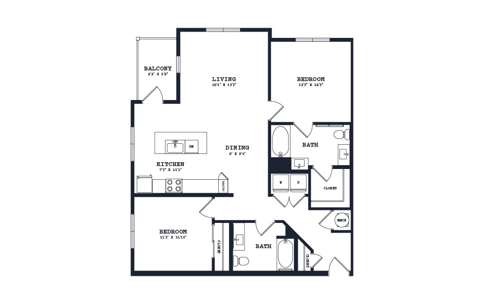 B1u - 2 bedroom floorplan layout with 2 baths and 1191 square feet.