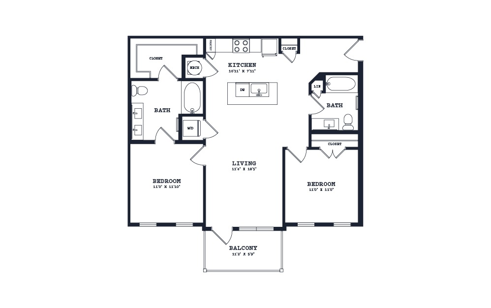 B2 - 2 bedroom floorplan layout with 2 baths and 1026 square feet.