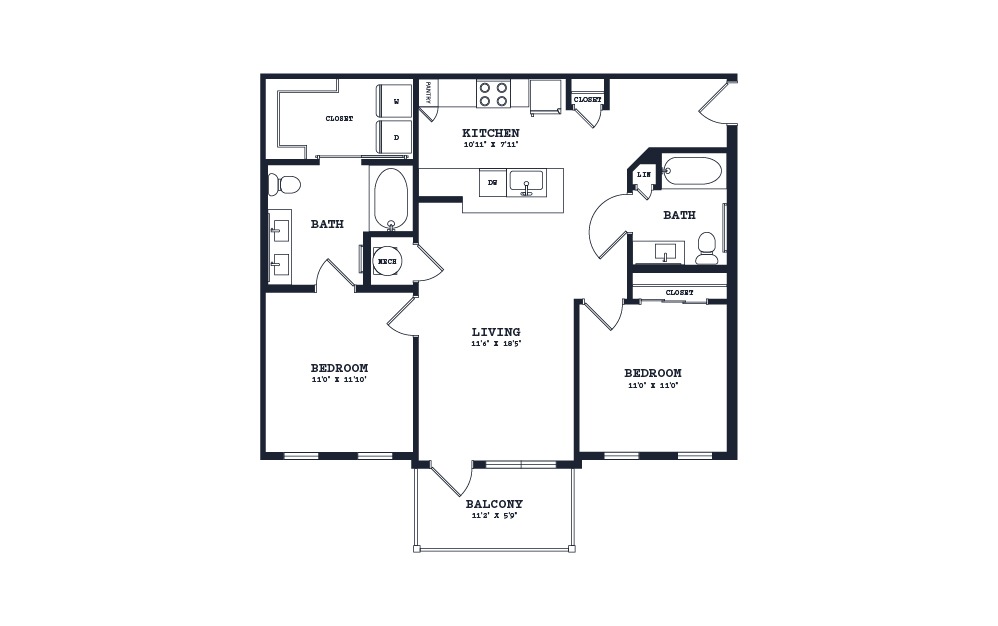 B2u - 2 bedroom floorplan layout with 2 baths and 1026 square feet.