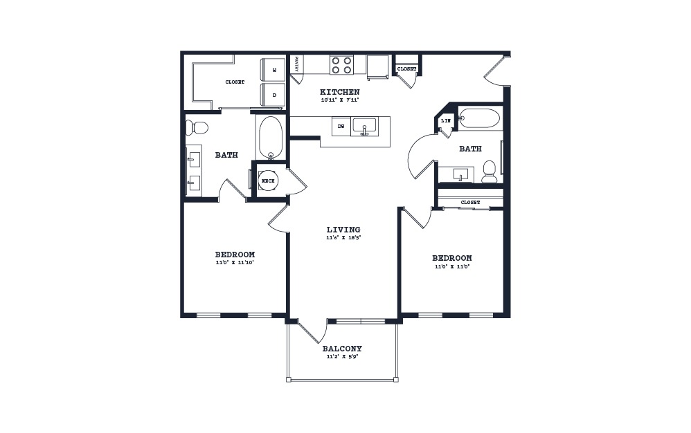 B2u - 2 bedroom floorplan layout with 2 bathrooms and 1026 square feet