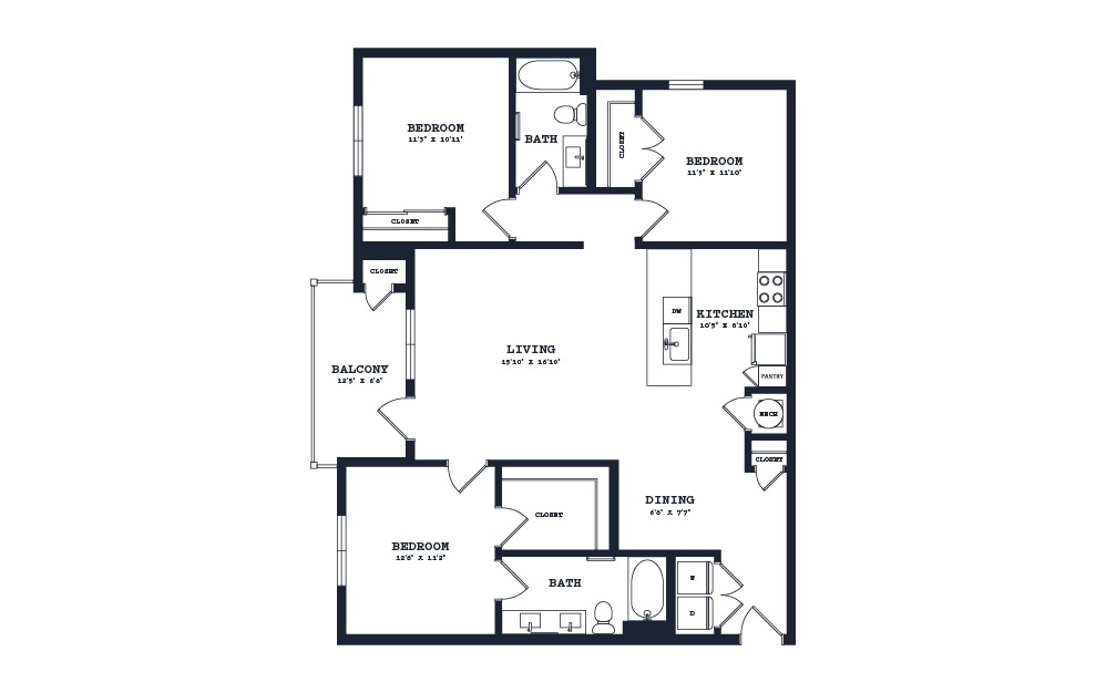 C1 - 3 bedroom floorplan layout with 2 bathrooms and 1384 square feet