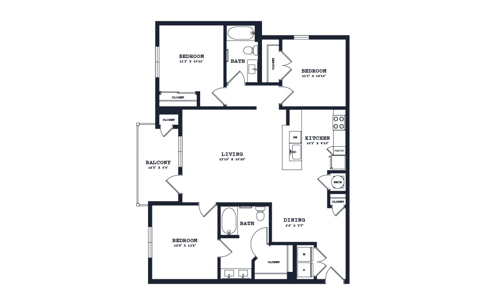 C1u - 3 bedroom floorplan layout with 2 baths and 1384 square feet.